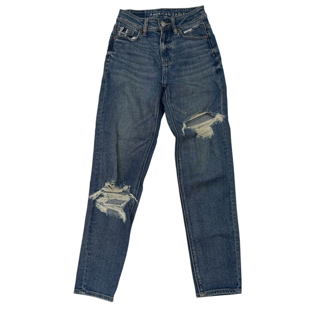 American Eagle Mom Straight Jean Distressed Denim Medium Wash Stretch Sz 000